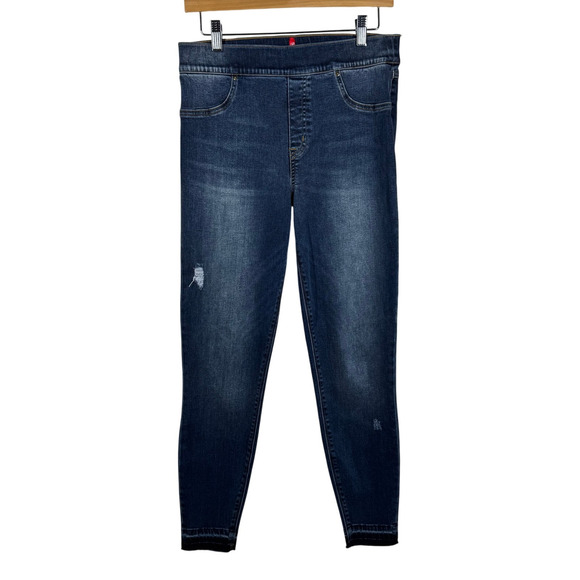 Spanx Women Size L Blue Distressed Ankle Skinny High Rise Denim Jeans Pull On - Picture 1 of 6